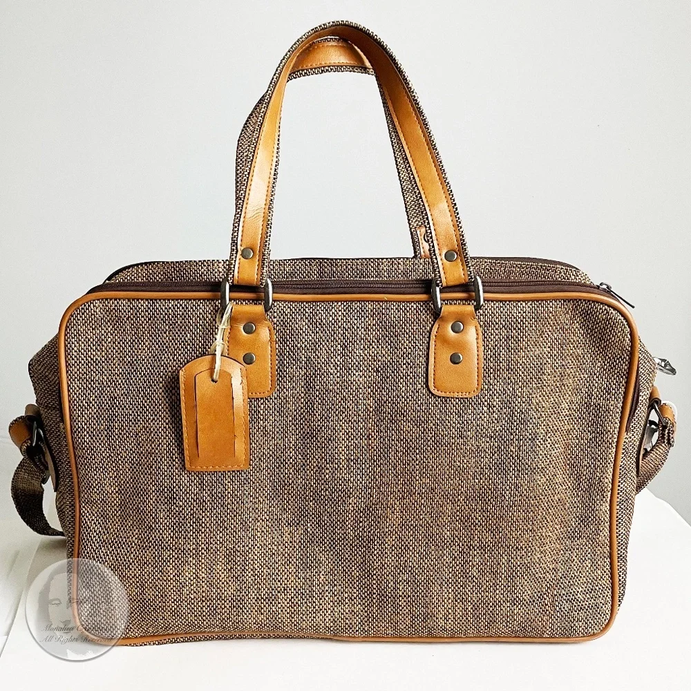 Vintage Pierre Cardin Carry On Bag Luggage Tan Tweed + Luggage Tag, Lock & Keys